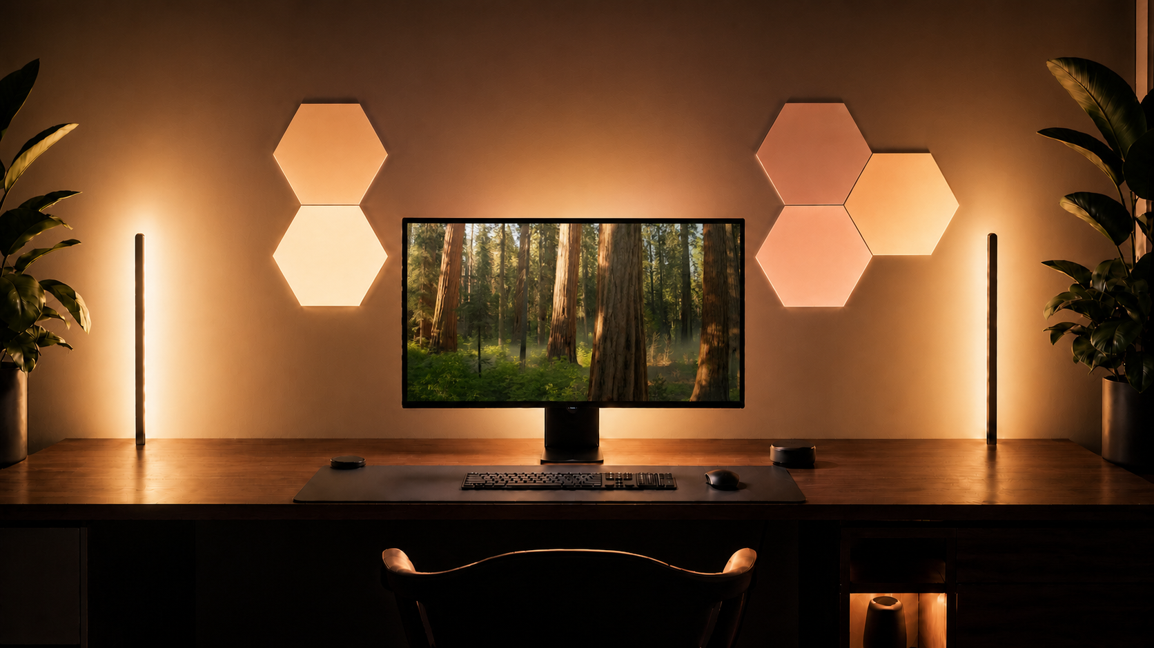 Ambient lighting shown across panels, monitor backlighting, and bars